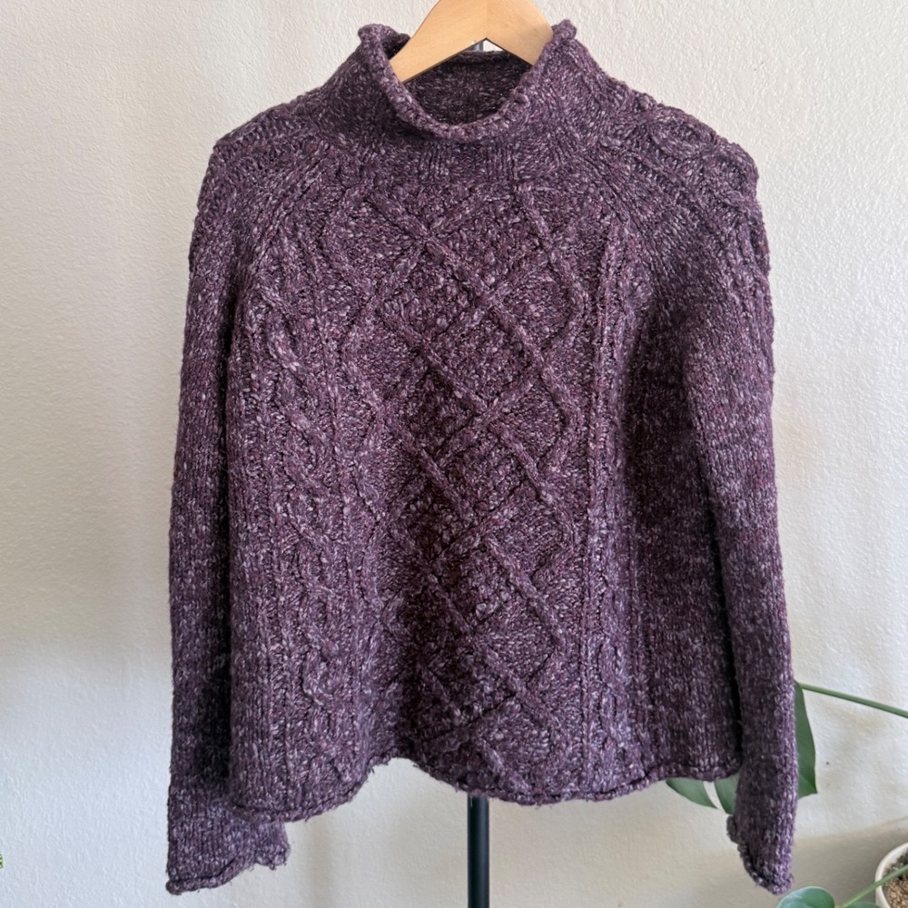 Vintage Purple Wool Blend Cable Knit Mock Neck Sweater Large Chunky Boxy
